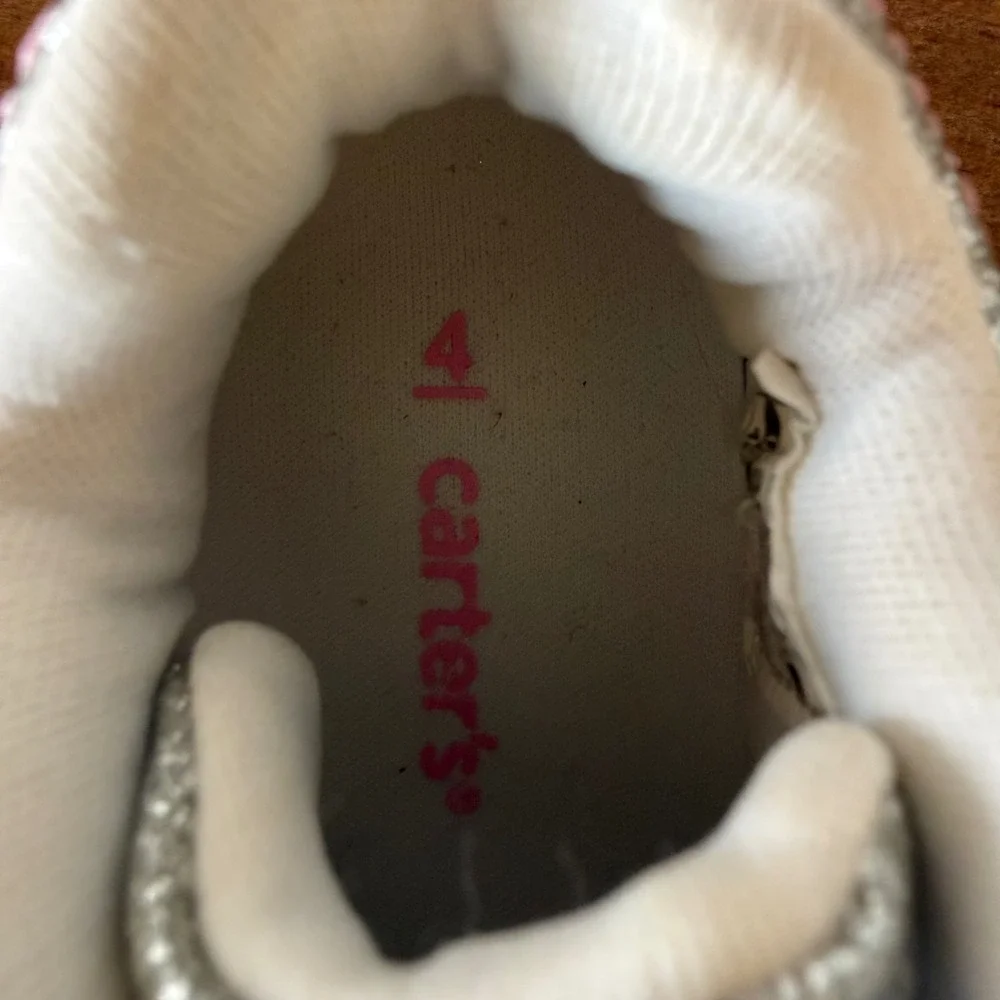 Carter's Glitter Toddler Sneakers Size 4 Silver Hearts Bungee Lace Up Shoes